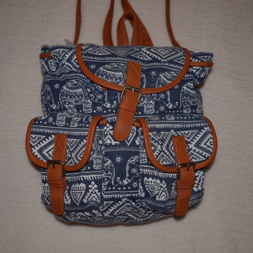Blue and White Printed Backpack